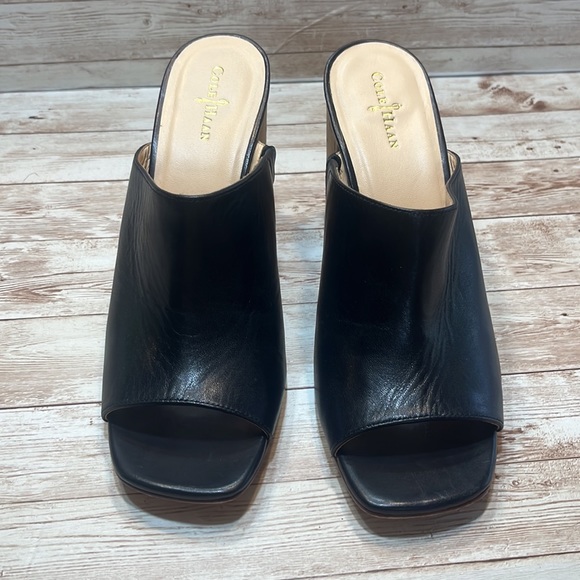 Cole Haan Black Open Toe 4” Cork Block Heel Mules Size 8-1/2B - Picture 4 of 9